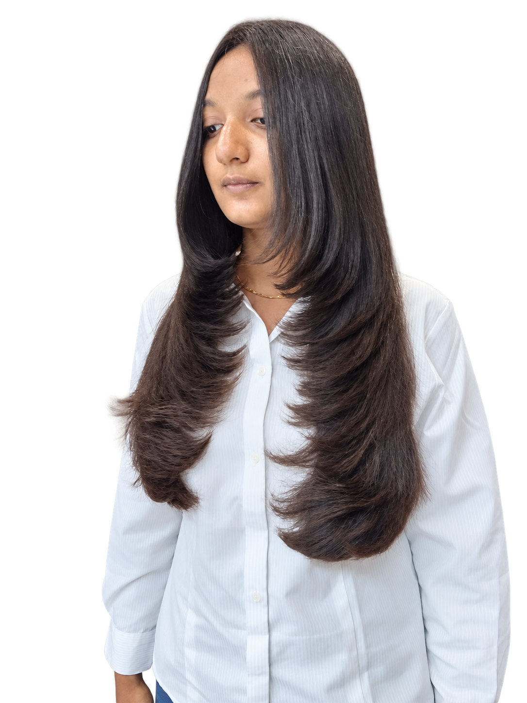 Client long layers with original white outfit, background removed