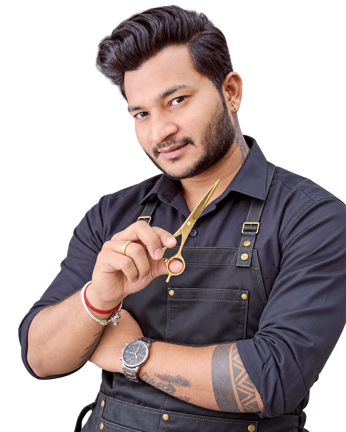 Kiran, owner and hair expert at Shreeji Beauty Parlour, holding salon scissors